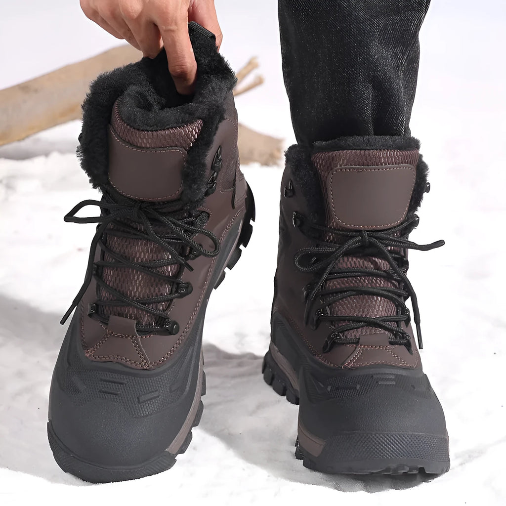 Men's black high-top lace-up boots with fleece lining and flat heel on ribbed sole