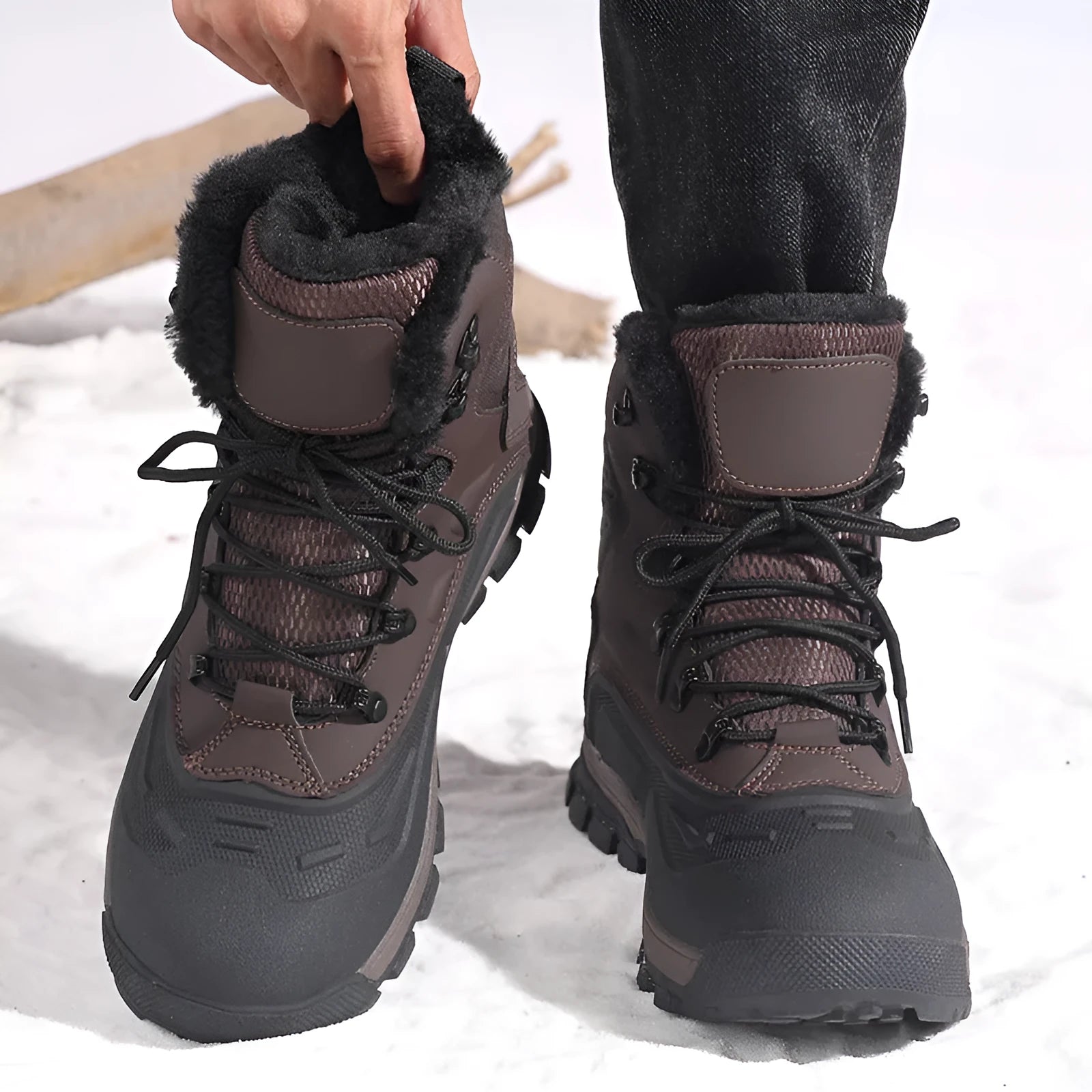 Men's black high-top lace-up boots with fleece lining and flat heel on ribbed sole