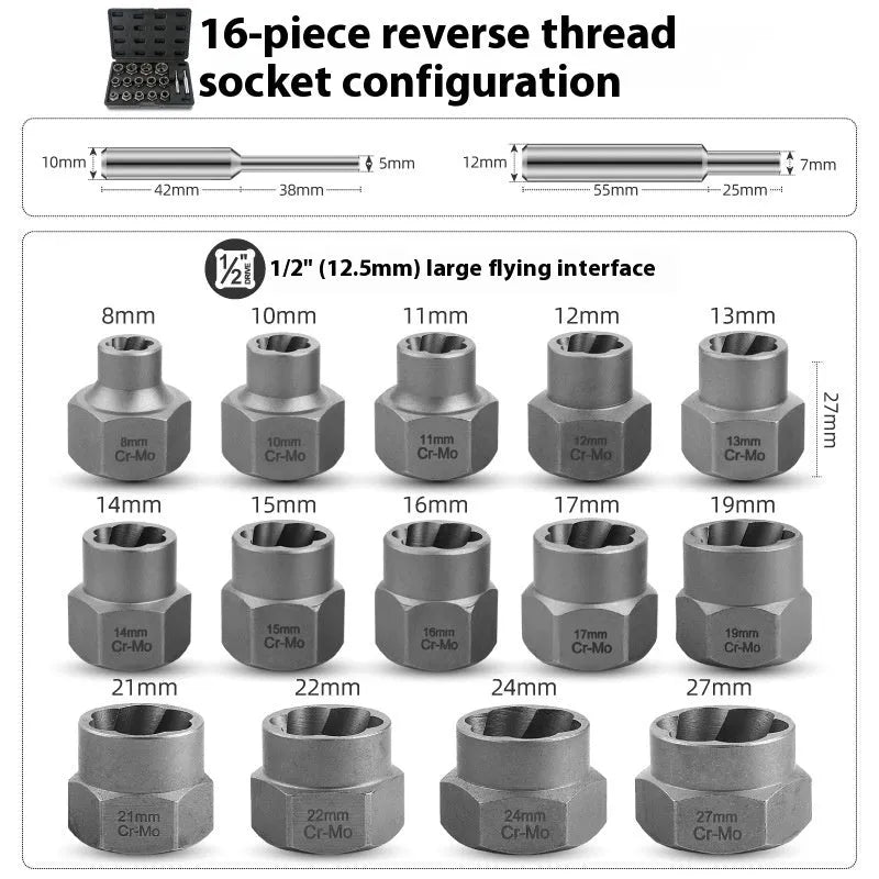 33-piece reverse tooth screw extractor set in chrome molybdenum steel with universal joint