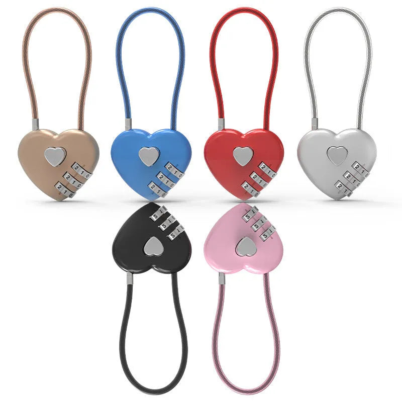 Peach heart shaped ABS plastic cable lock with steel rope, shown in multiple colour options for bicycle helmets.