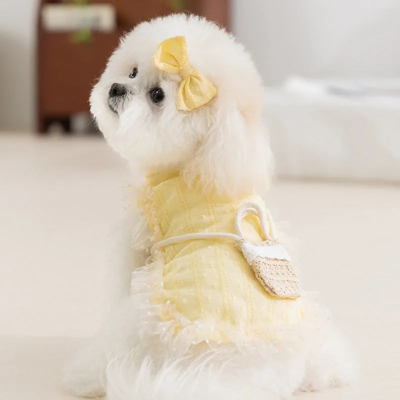 Small dog wearing yellow two-tone country shoulder bag outfit with matching bow and woven crossbody bag