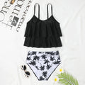 Women's high waist double-layer swimsuit in black or coconut tree print for swimming activities
