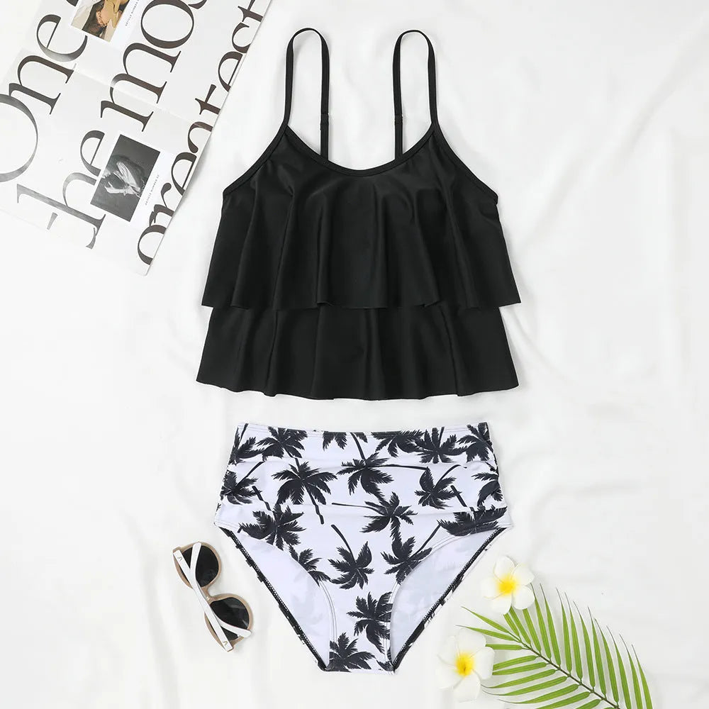 Women's high waist double-layer swimsuit in black or coconut tree print for swimming activities