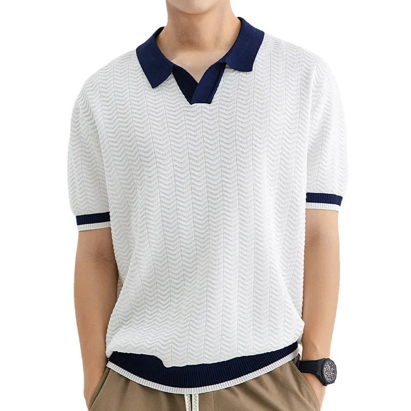 Men's summer Ice Silk striped polo shirt with short sleeves in dark green, regular fit, on white background