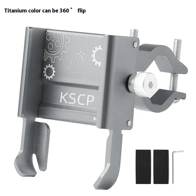 Aluminium alloy mobile phone holder mounted on bicycle handlebars showing black colour option