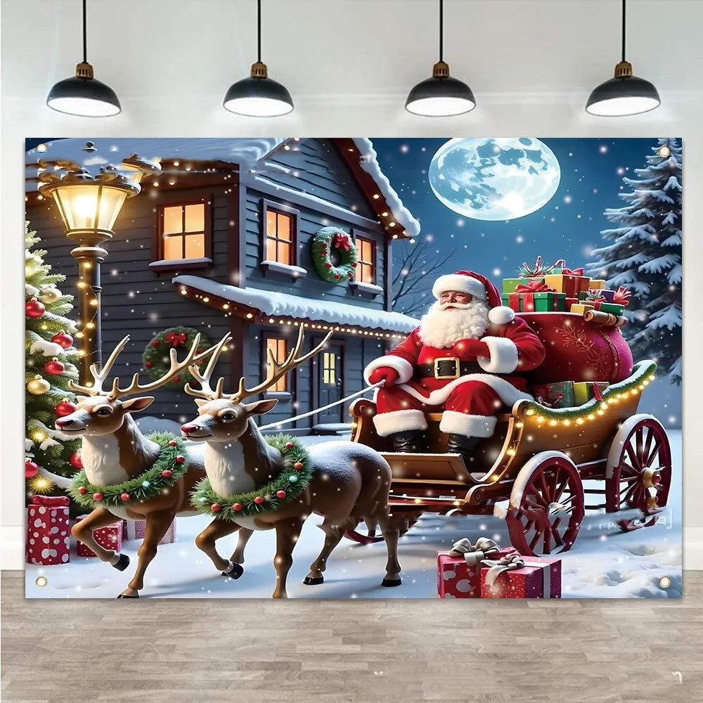 Christmas banner with Santa Claus design and night gift theme, 210 cm wide by 150 cm high