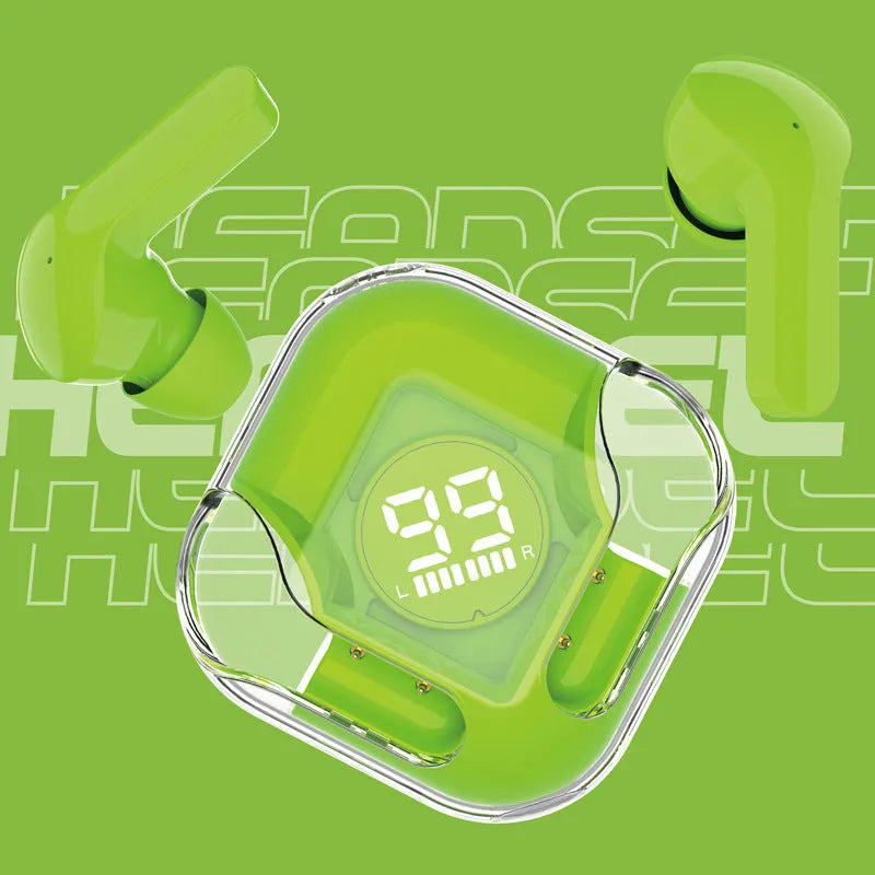 TWS wireless Bluetooth earphones in transparent white, black, pink, blue, and green colours with charging case