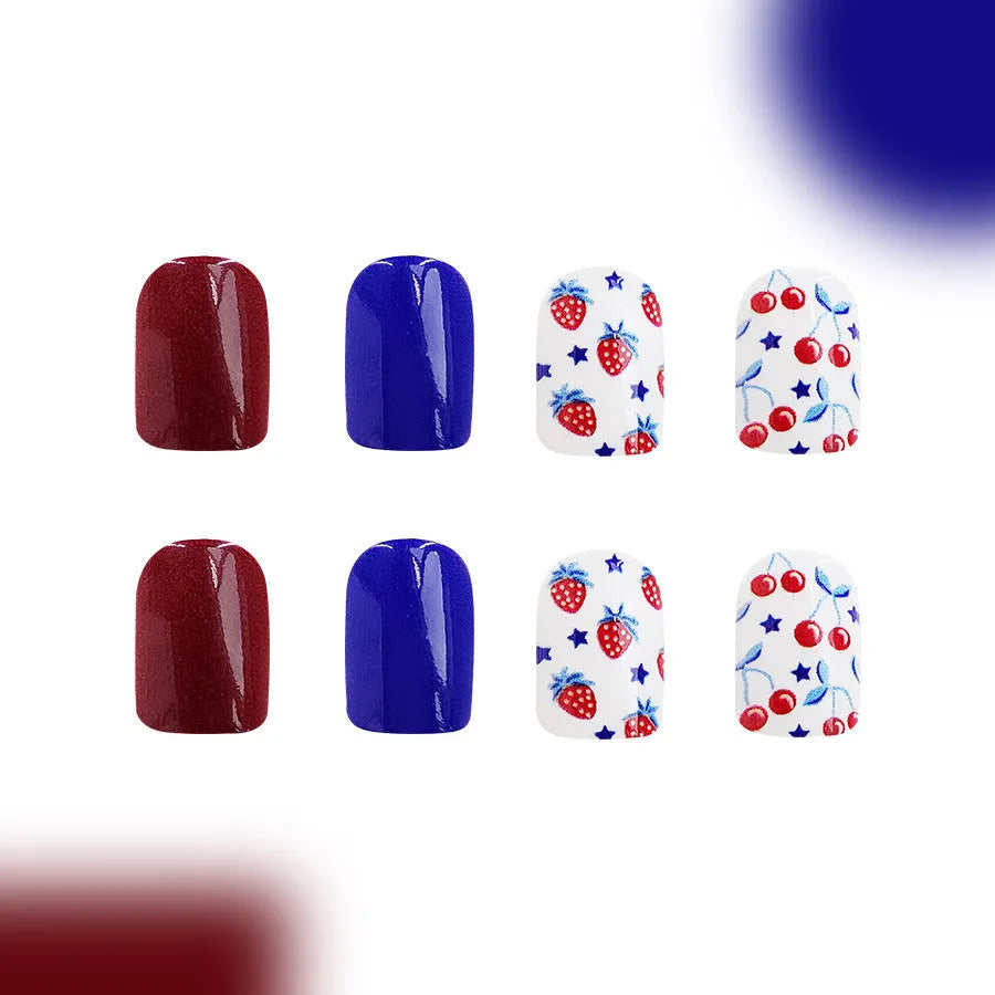 Glossy red and blue strawberry cherry independence day nail stickers, short style.