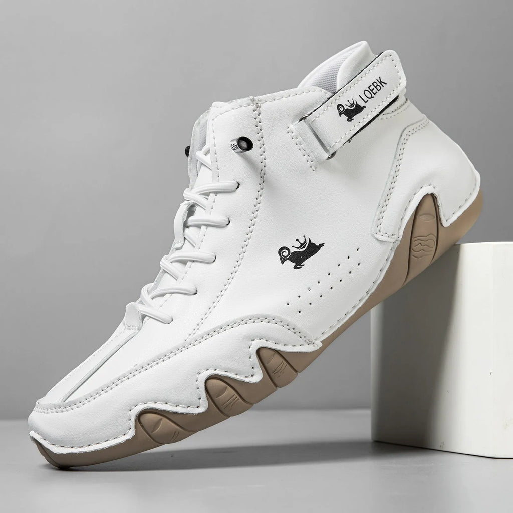 Men's brown high-top Martin boot with lace-up front, round toe, and flat rubber sole on a white background