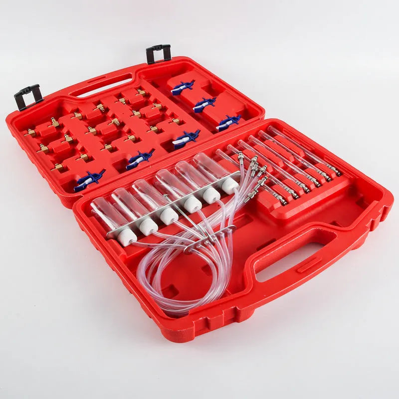 Brass and plastic fuel injection flow meter diagnostic tool with oil return measuring instrument