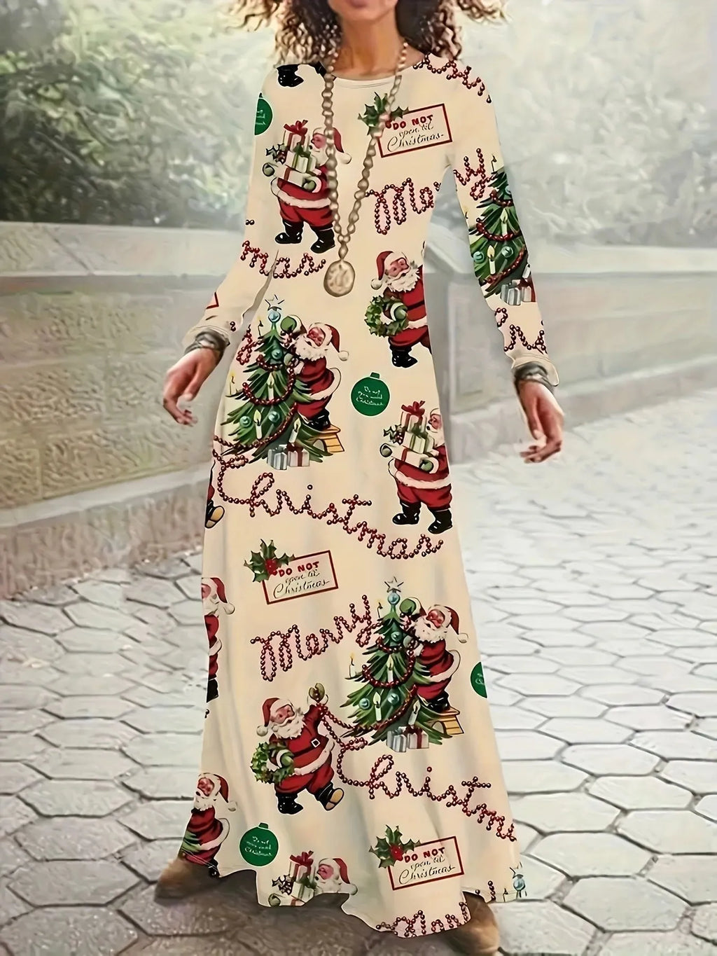 Santa Claus printed long sleeve polyester dress with leather stitching, black colour, front view