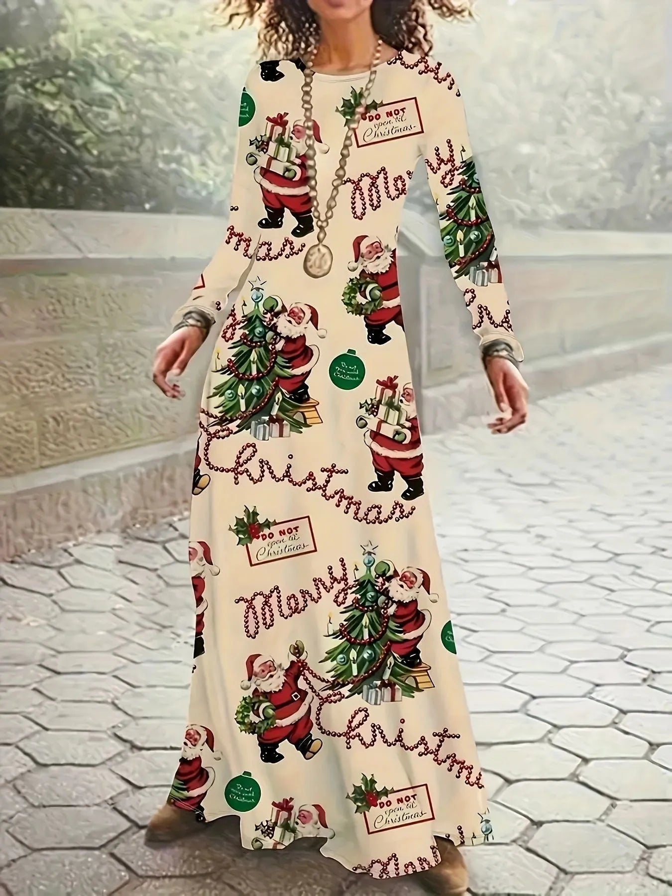 Santa Claus printed long sleeve polyester dress with leather stitching, black colour, front view
