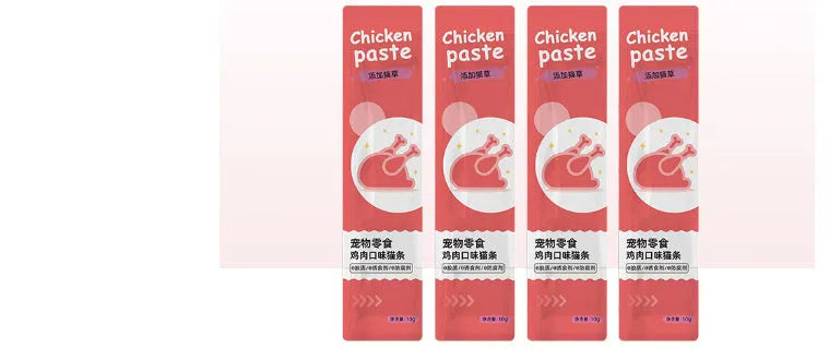 Pack of cat strip snacks for childhood stage cats showing four flavour variety options