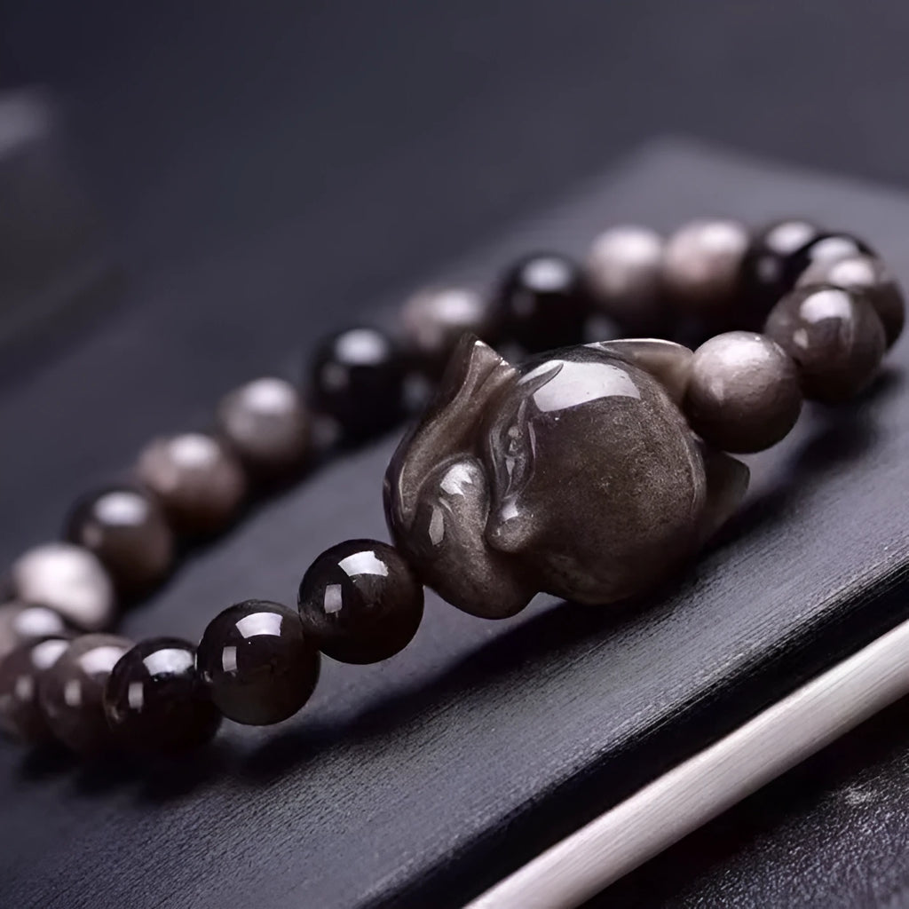 Obsidian Fox single ring bracelet with 8mm polished obsidian beads and fox charm