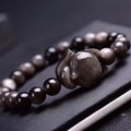 Obsidian Fox single ring bracelet with 8mm polished obsidian beads and fox charm