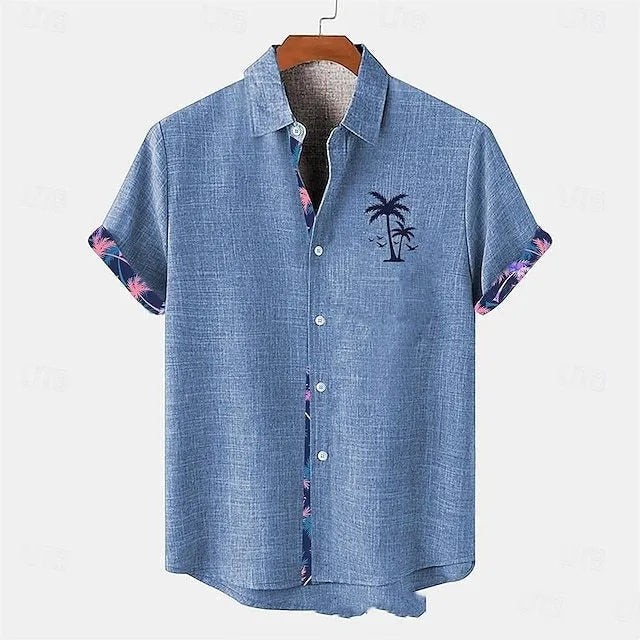 Loose-fit linen short-sleeved top with an ocean fish pattern embroidered on the lapel