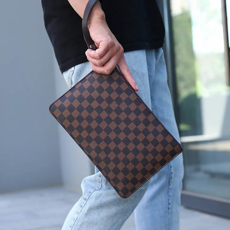 Men's black checkered PU leather clutch wallet with six card slots and zipper pocket