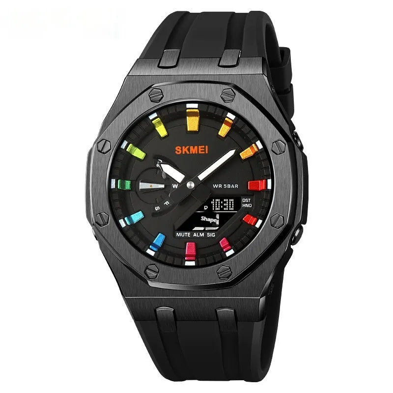 Multifunctional sports waterproof luminous electronic watch with circular dial, silicone strap, and LED display