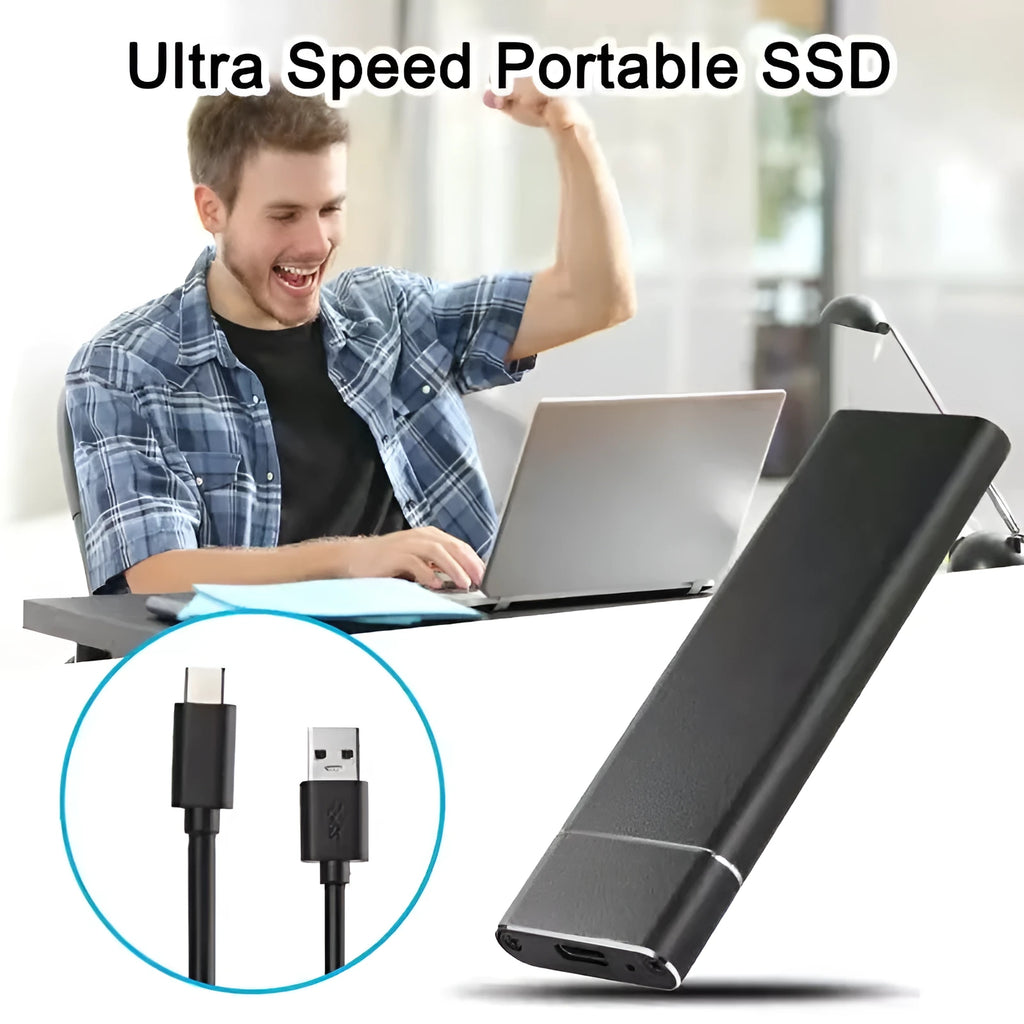 Portable external USB hard disk with a metal shell, shown in multiple colour options: black, blue, orange, red, and silver.