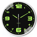 8 inch luminous modern wall clock showing glowing hands and numbers on a plastic shell.