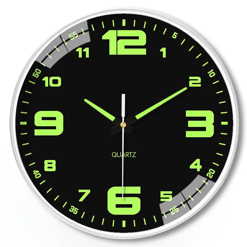 8 inch luminous modern wall clock showing glowing hands and numbers on a plastic shell.