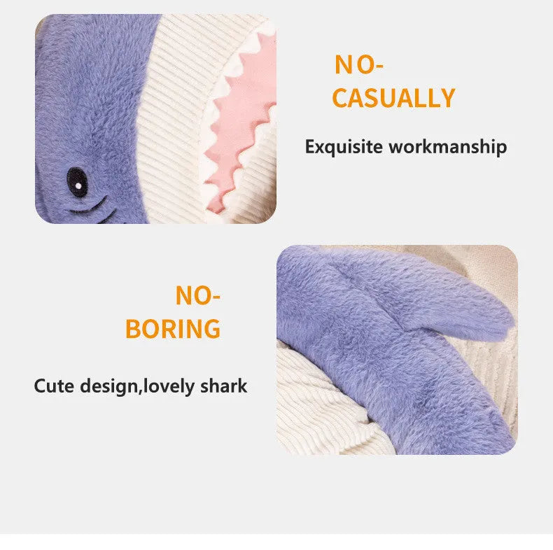 Shark pattern pet bed cushion in blue or grey with non-slip base and velvet fabric
