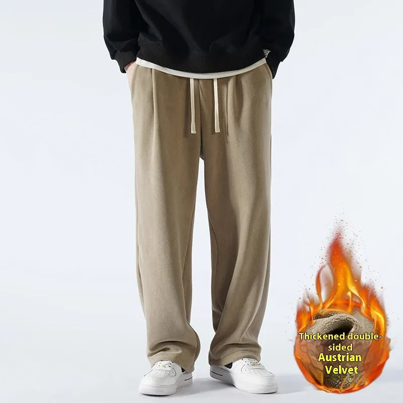 Men's apricot fleece-lined winter sports pants with drawstring waist and loose Korean-style fit