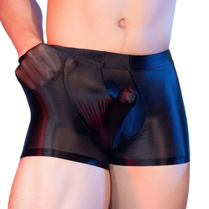 Men's seamless boxer shorts in red nylon fabric showing mid-waist and hip-lifting design