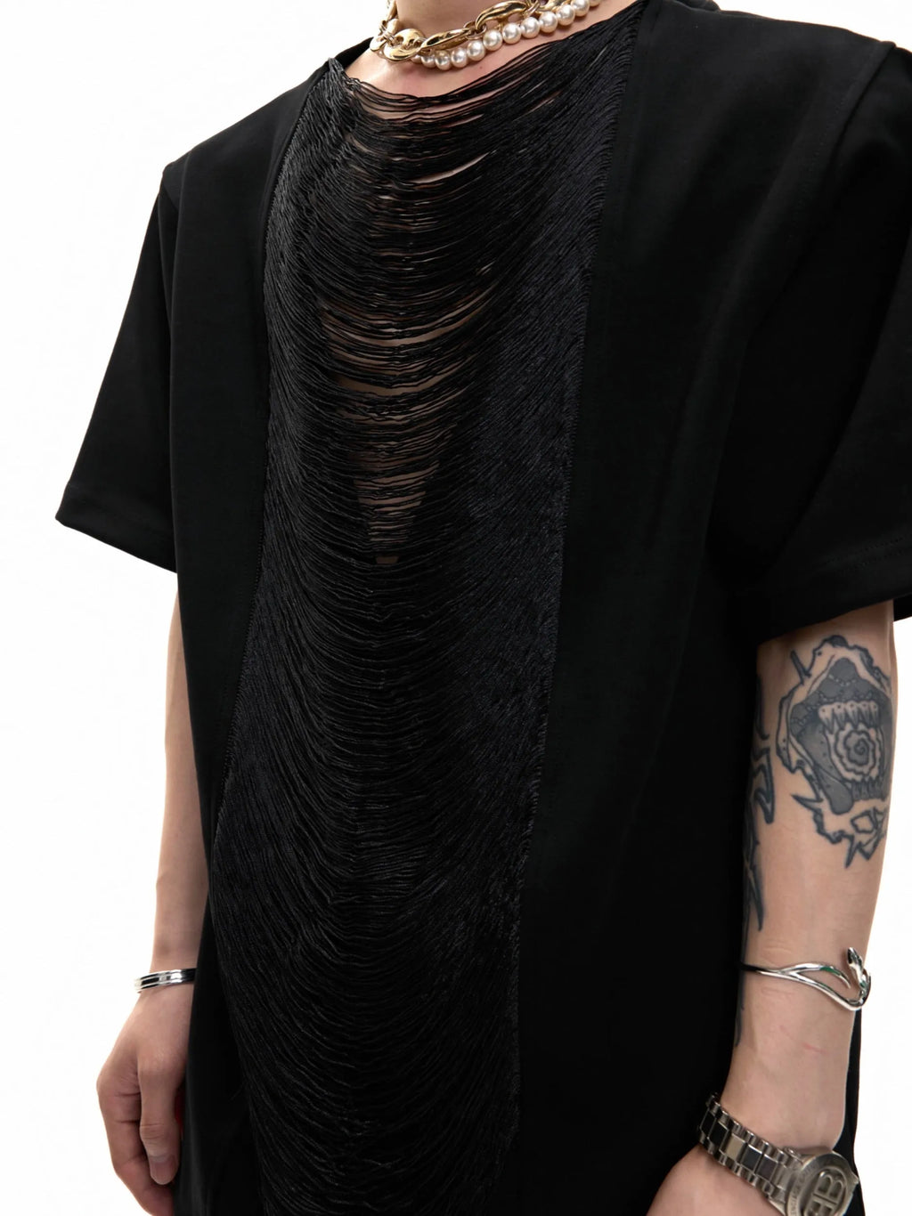 Men's black loose fit t-shirt with hollow out V-neck collar and short sleeves
