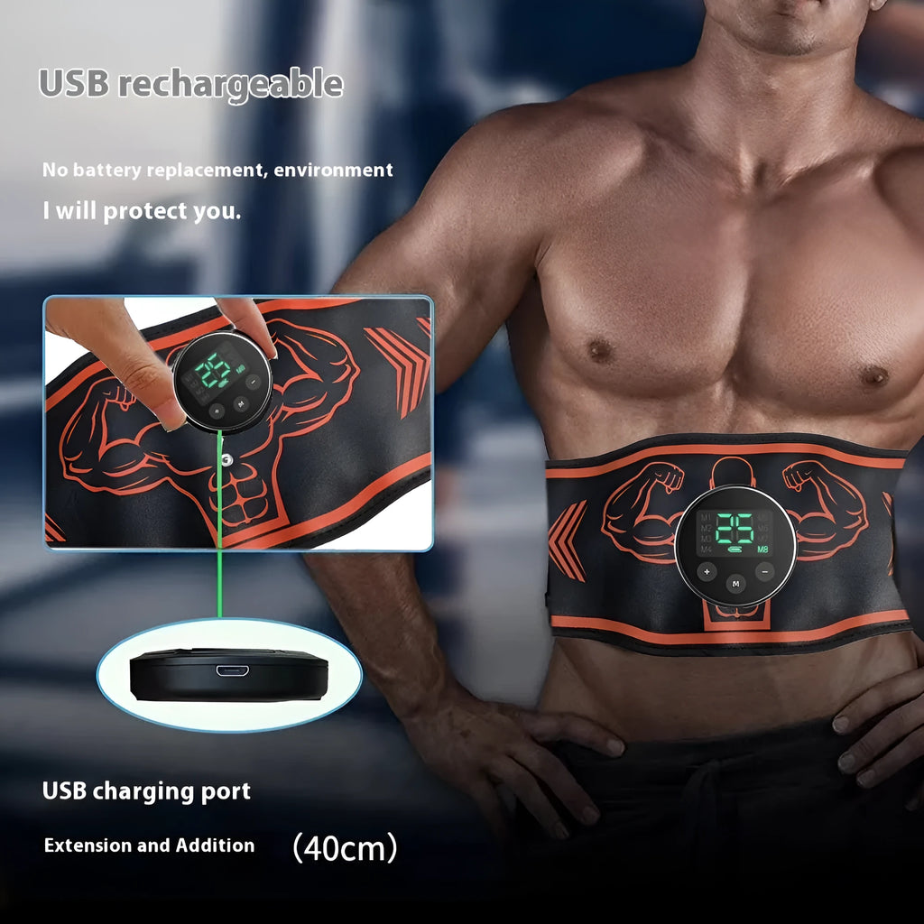 Smart massage belt with EMS technology showing blue and orange colour options