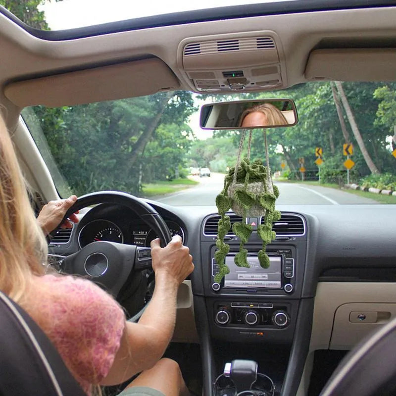 Knitted wool car plant decoration with green and white pattern, 8cm basin and hanging cord