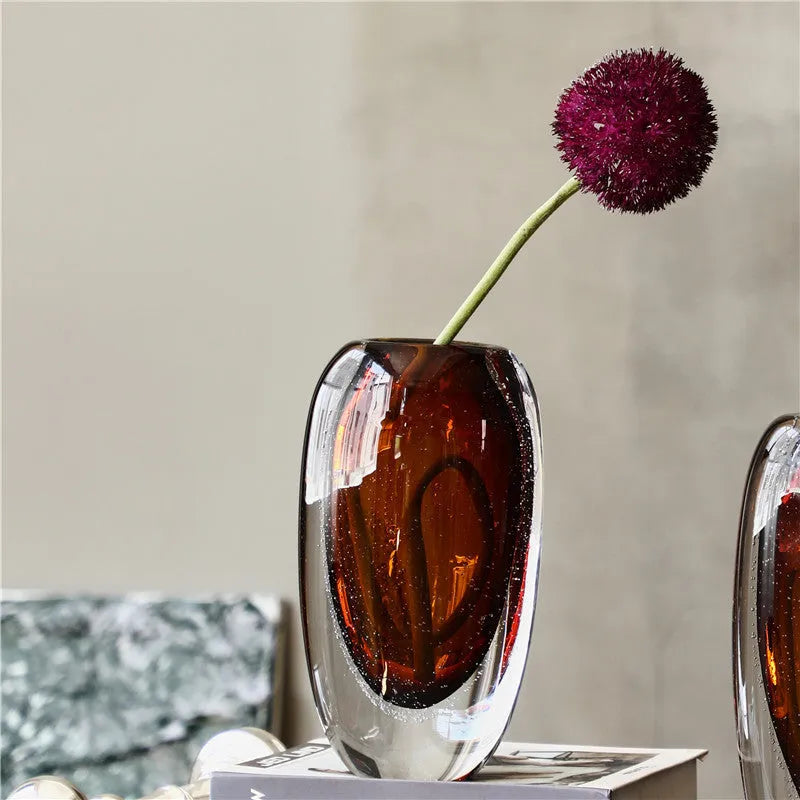 Tea brown glass vase with bubble thick bottom and flat mouth for modern home decor