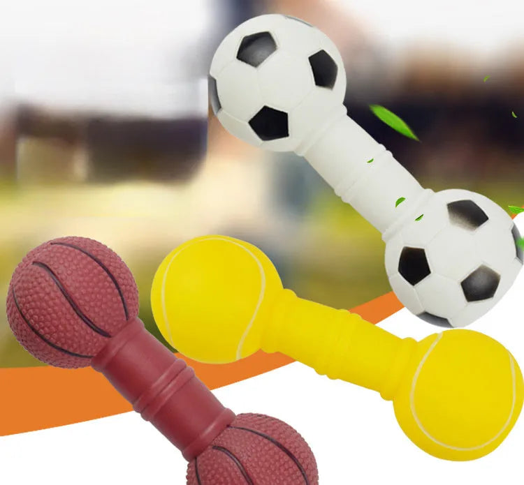 Non-toxic PVC squeaky dog chew toy shaped like a football and dumbbell in assorted colours.