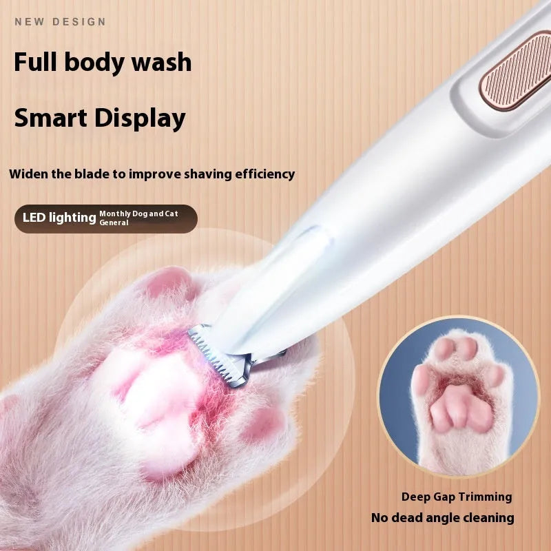 White waterproof dog paw trimmer with LED light and LED display, 18mm widened stainless steel blade, cordless rechargeable pet hair clipper
