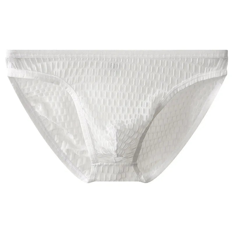 Men's low waist transparent underwear in nylon lace fabric showing breathable quick-drying design