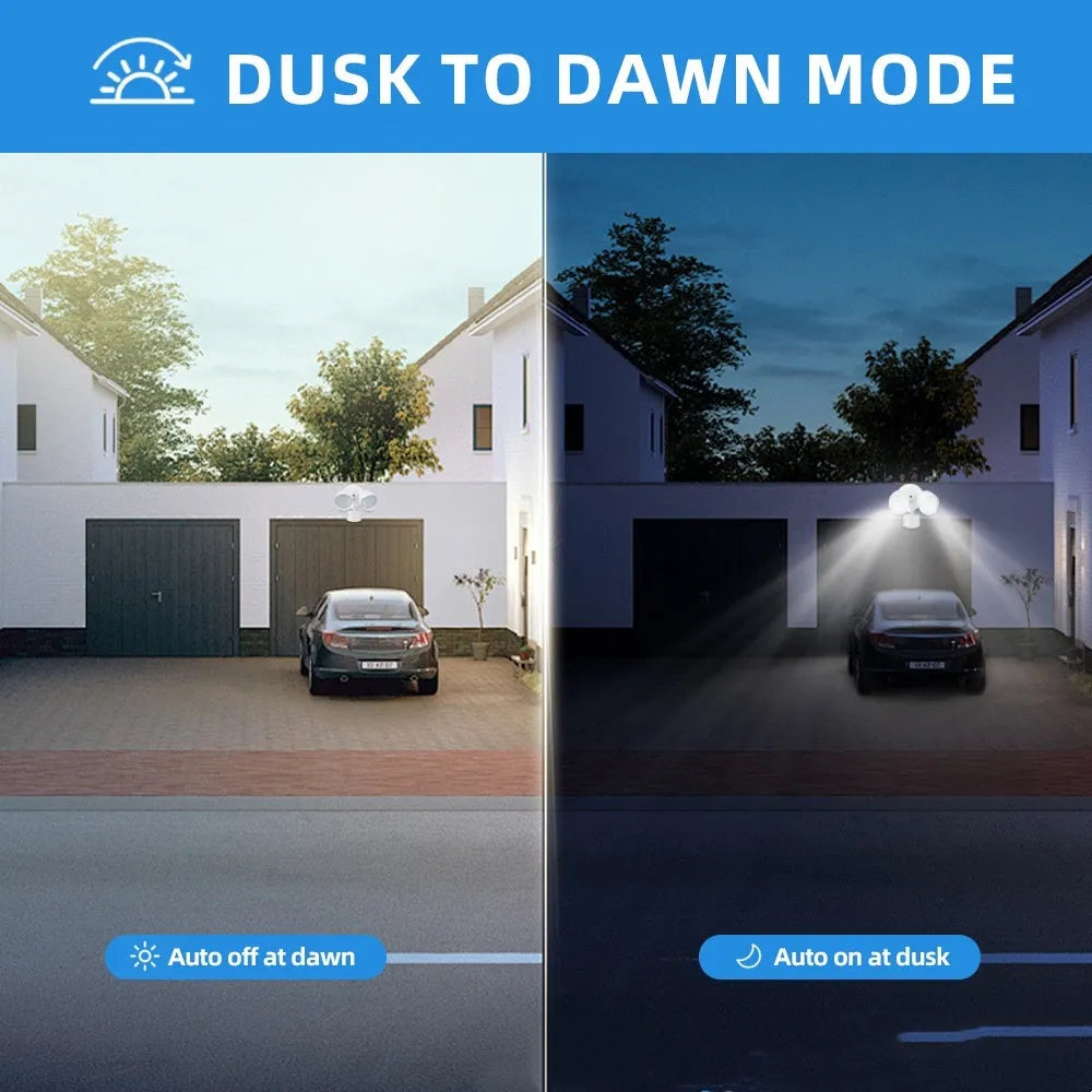 White outdoor LED flood light with motion sensor mounted on wall