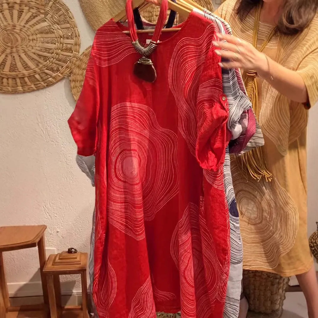 Women's round neck abstract print sleeve dress with A-line skirt in polyester, available in multiple colours