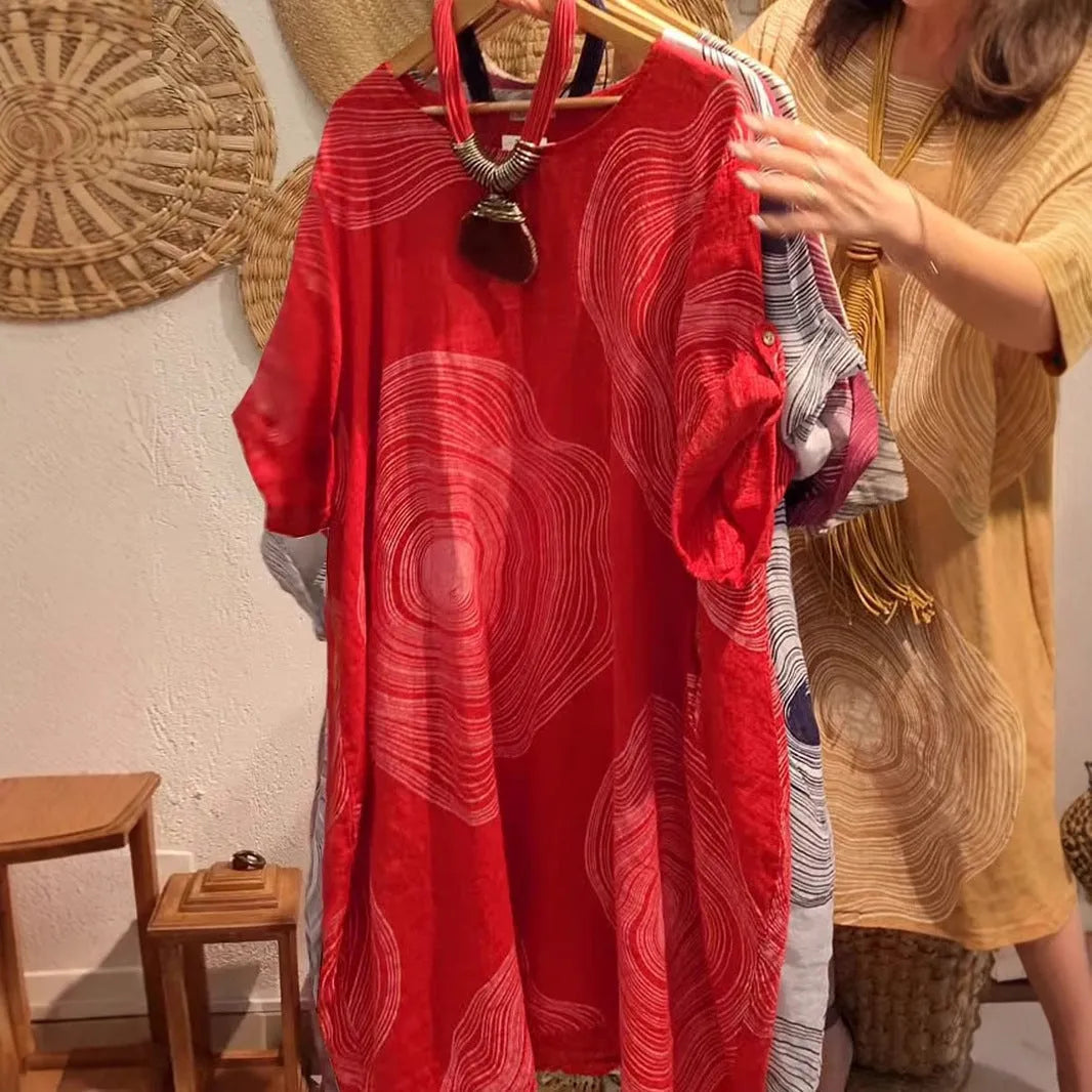 Women's round neck abstract printing sleeve dress with 3D effect and A-line skirt in red