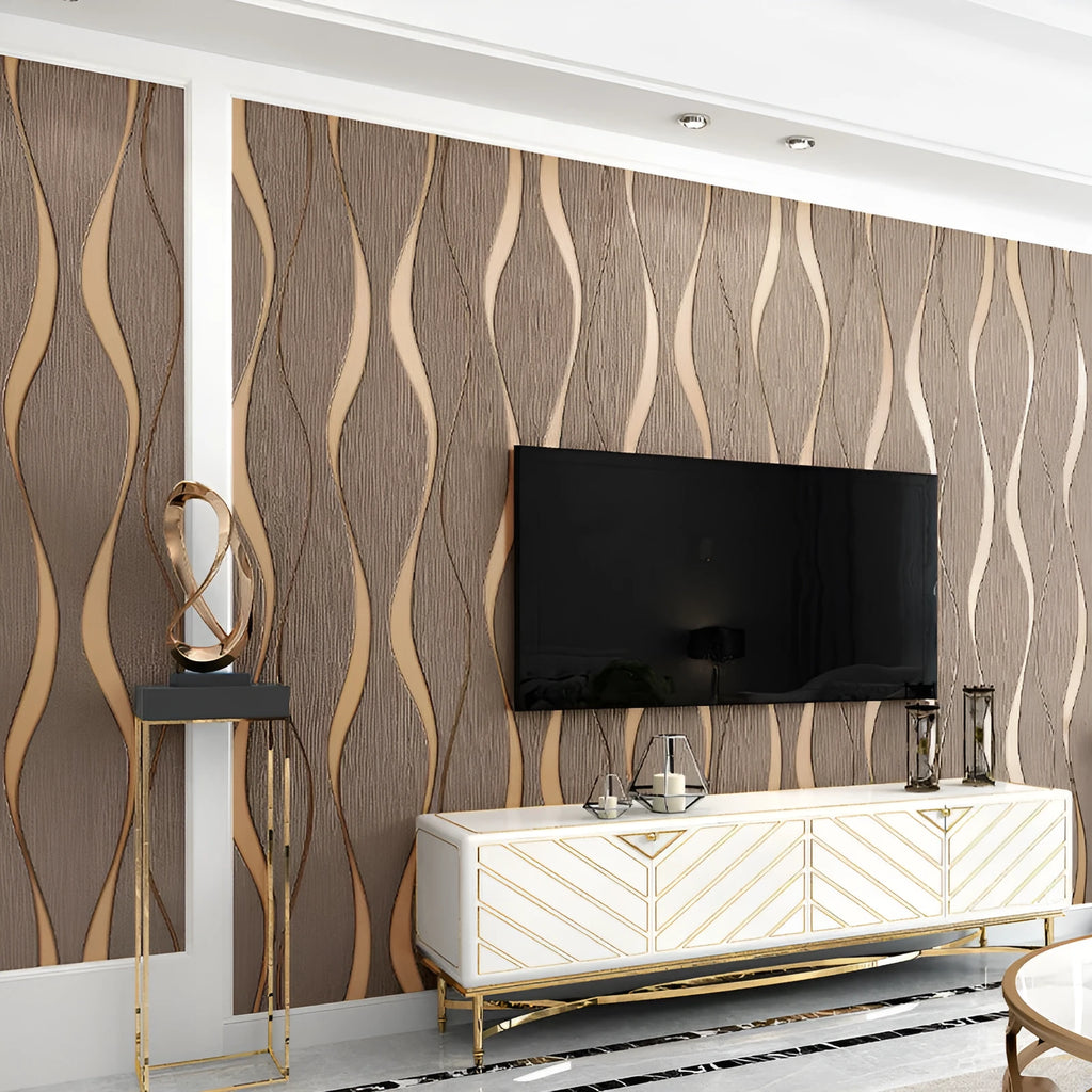 Roll of grey 3D curve stripe decorative wallpaper with velvet texture for video backdrops