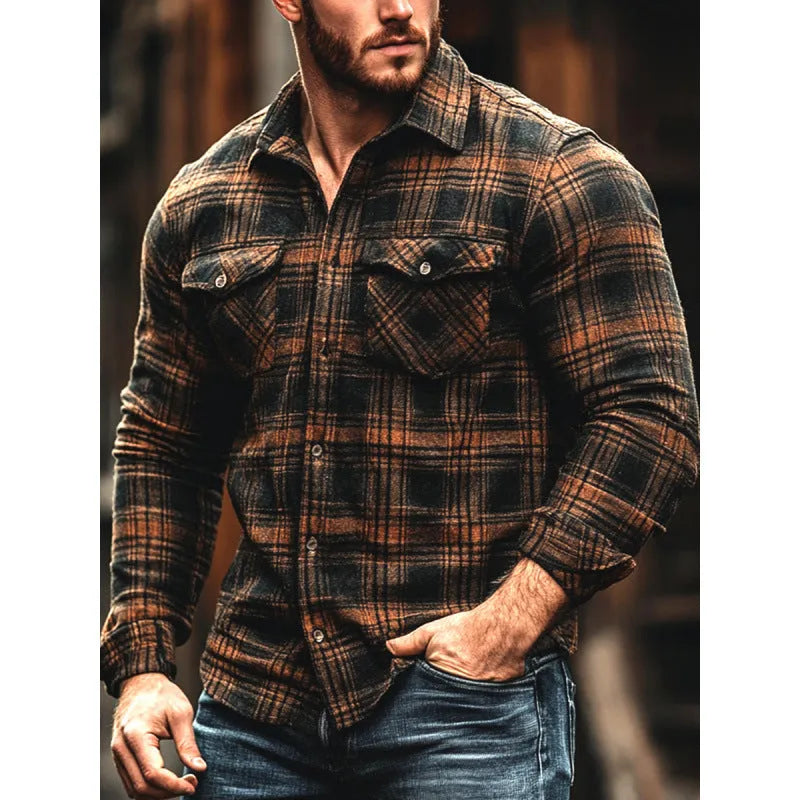 Men's plaid printed fleece-lined pocket shirt in CS085 colour, cardigan style, long sleeves, loose fit