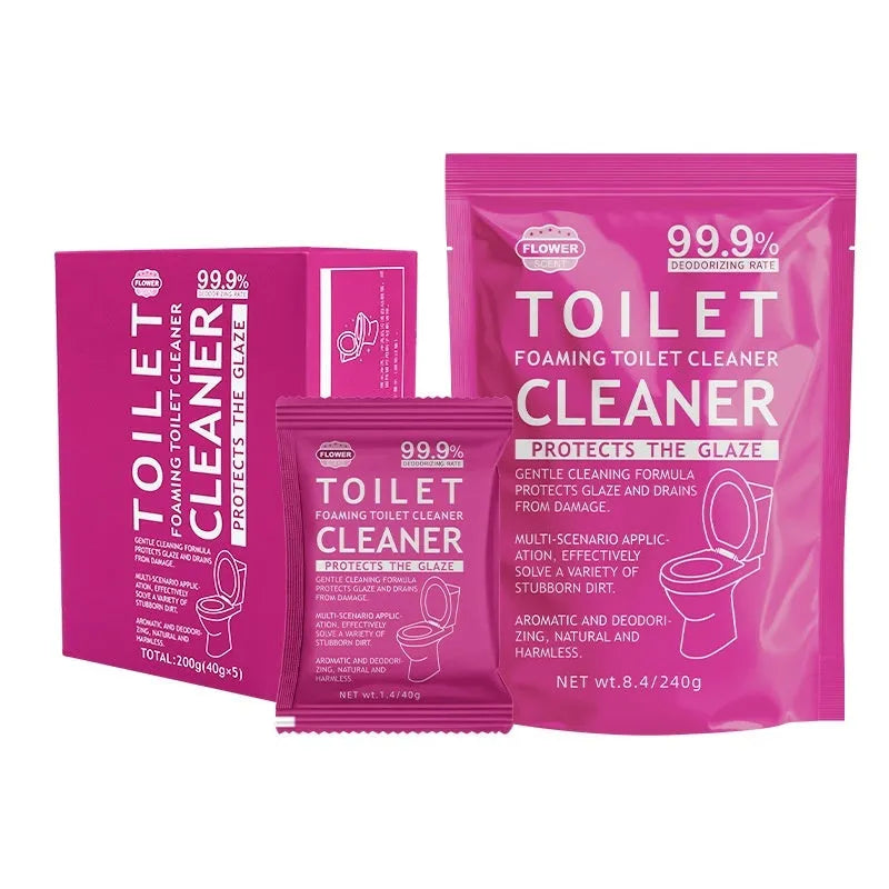 Toilet bubble powder descaler in blue ocean or pink floral fragrance, in 240g bag or 5x40g box.