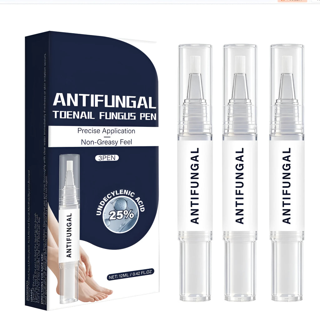 Three nail fungus pens in a pack, each 4ml, for daily nail repair treatment on fingernails and toenails.