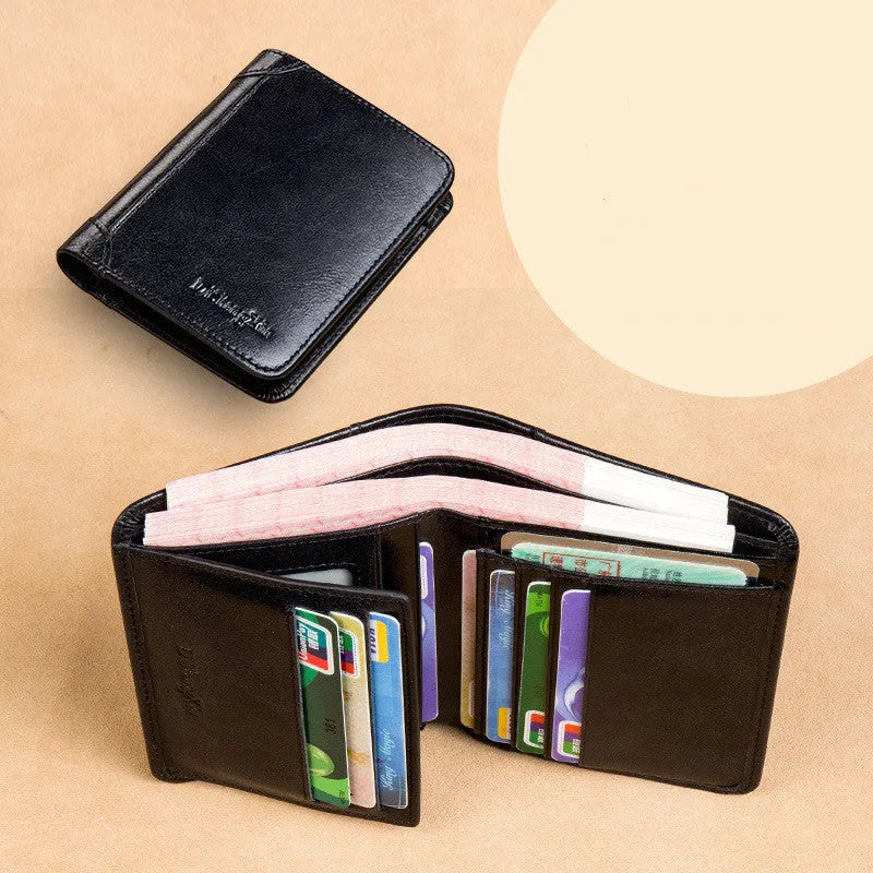 Men's leather wallet showing multiple internal compartments including photo slot and card holders