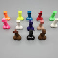 Five rubber tubeless valve caps in pink black green blue orange with modern art style