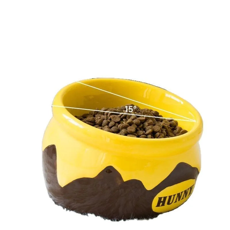 Ceramic cat bowl with high foot and oblique mouth design in beer style for cervical protection