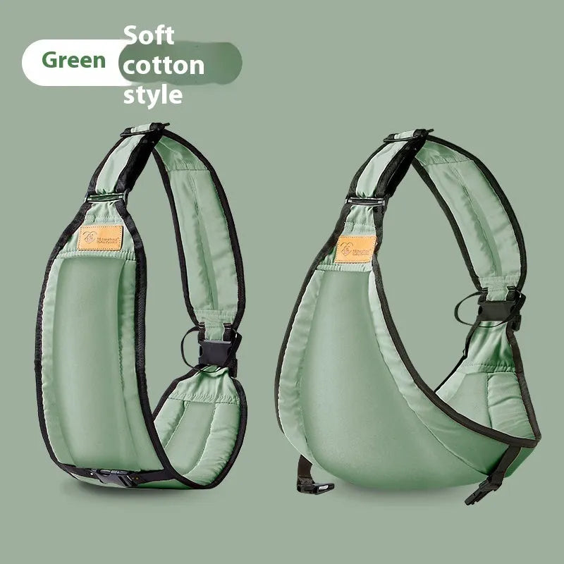 Baby carrier waist stool in cloth material, shown in one of four colour options: black, green, gray, or pink.