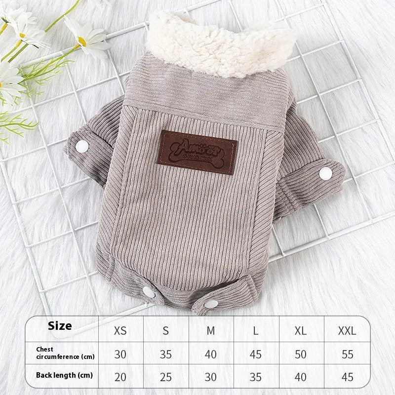 Lambswool grey dog winter vest with fleece lining shown on pet model