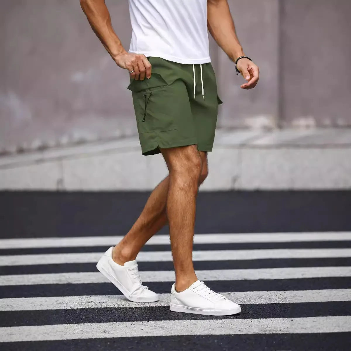 Men's loose straight cut workwear shorts in fluorescent green and army green colours