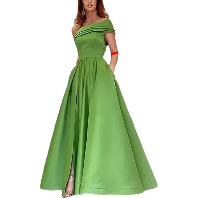 One shoulder satin tulle tutu dress for women, solid colour, long skirt, high waist, short sleeves, available in black, pink, purple, red, green, white, and sapphire blue.