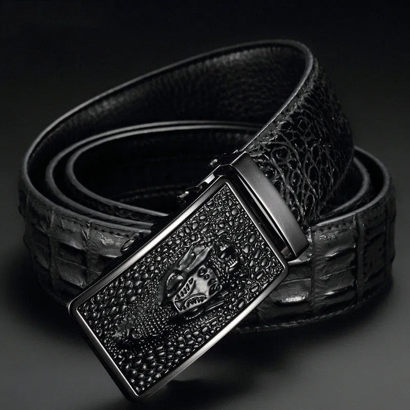 Men's cowhide automatic buckle waist belt in black with alloy buckle, 110cm length